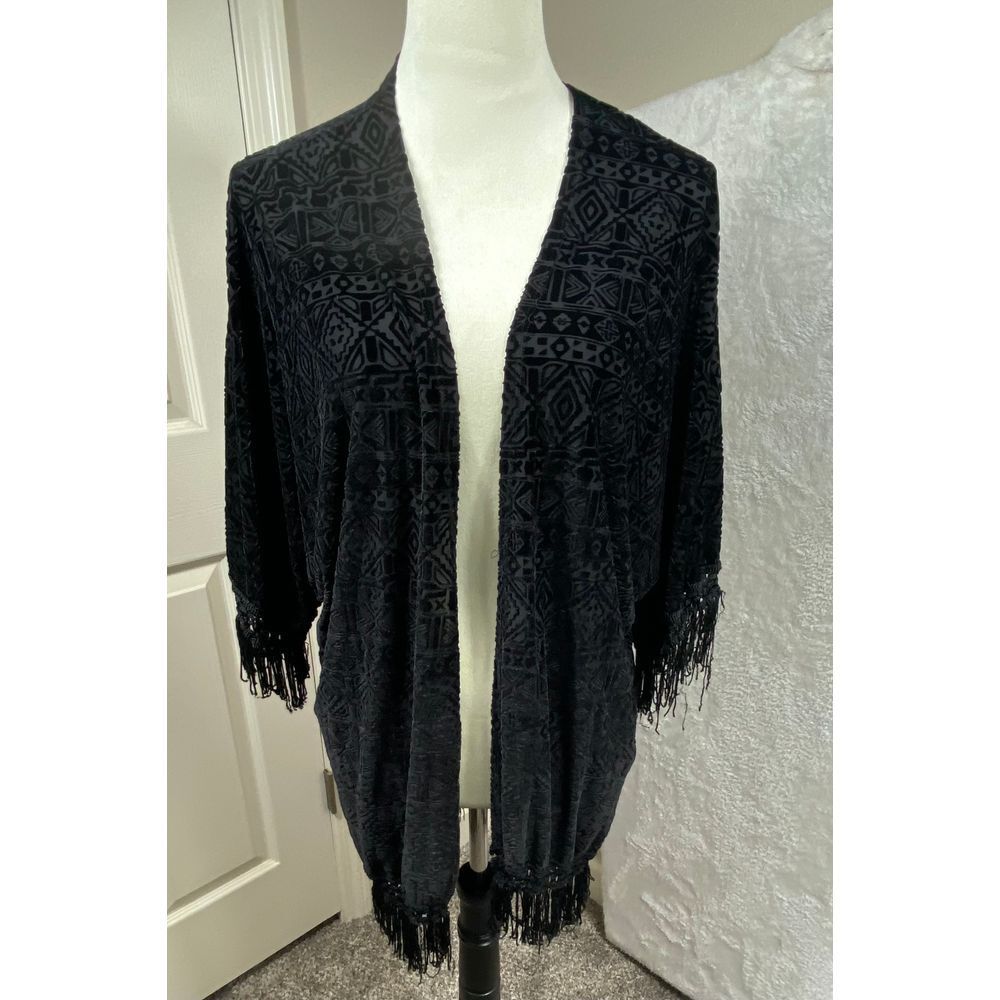 Vocal Black Velvet Burnout Kimono Cardigan Aztec Geometric Fringe‎ Boho Size S